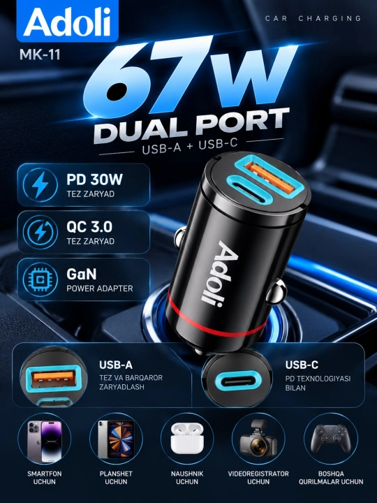 Adoli MK-11 67W avtomobil zaryadkasi, USB-A + USB-C, PD 30W, QC 3.0, GaNli tez zaryadlash