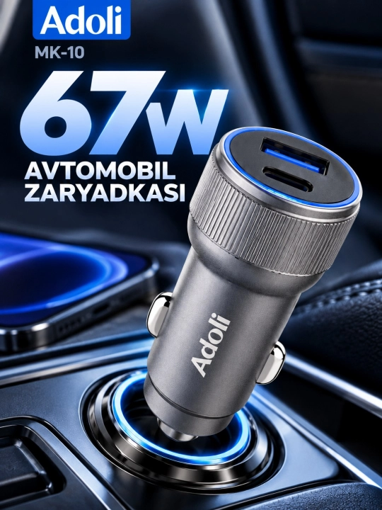 Adoli MK-11 67W avtomobil zaryadkasi, USB-A + USB-C, PD 30W, QC 3.0, GaNli tez zaryadlash - 