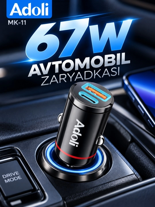 Adoli MK-11 67W avtomobil zaryadkasi, USB-A + USB-C, PD 30W, QC 3.0, GaNli tez zaryadlash