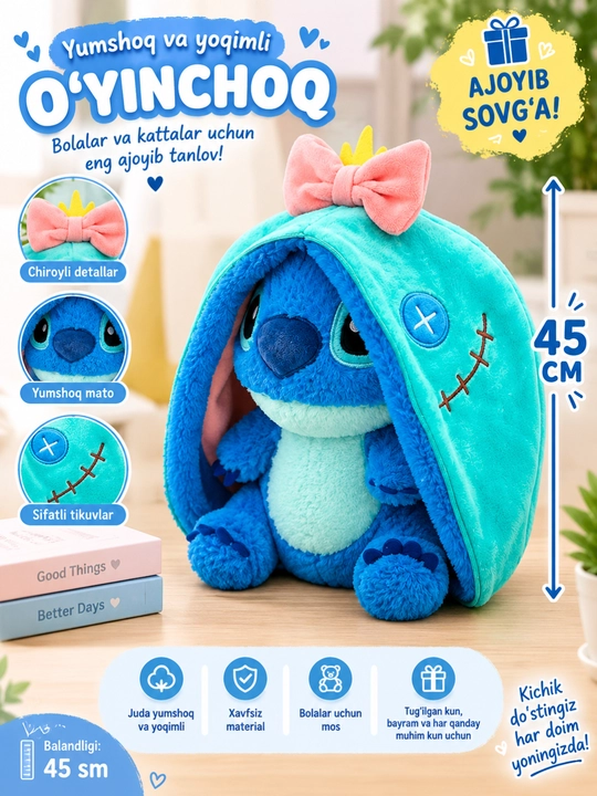 Yumshoq o‘yinchoq Stich, 45 sm, antistress plyush o‘yinchoq 2 tasi 1 da