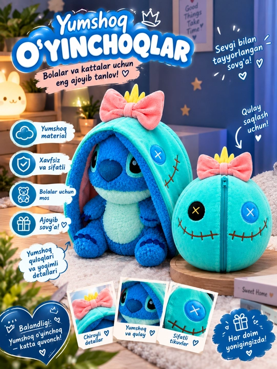 Yumshoq o‘yinchoq Stich, 45 sm, antistress plyush o‘yinchoq 2 tasi 1 da