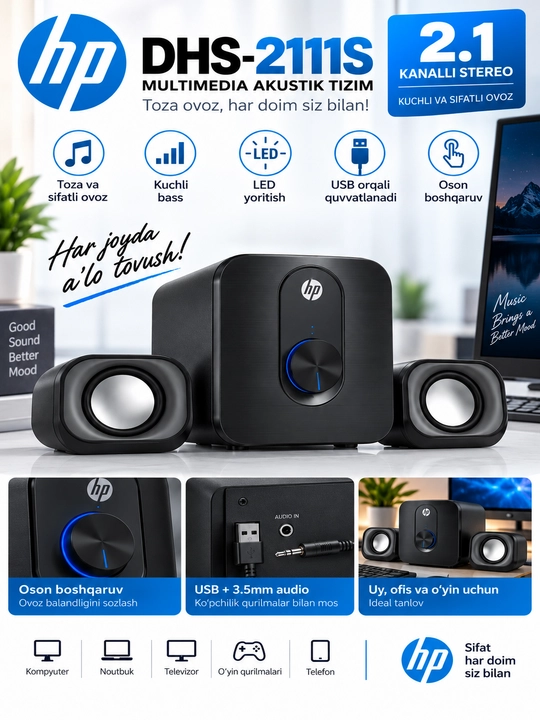 HP DHS-2111S akustik tizimi 2.1, sabvufer va 2 ta sun’iy yo‘ldosh - 