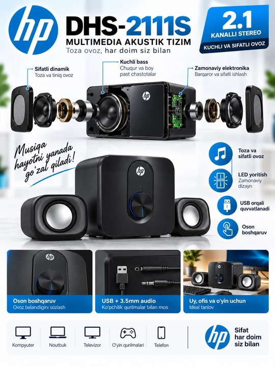 HP DHS-2111S akustik tizimi 2.1, sabvufer va 2 ta sun’iy yo‘ldosh