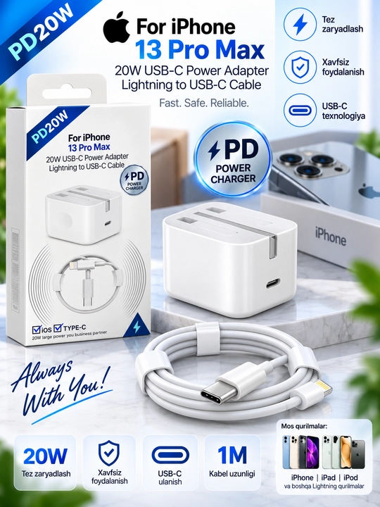 20W USB-C quvvat adapteri va Lightning to USB-C kabel 1 m, iPhone uchun - 