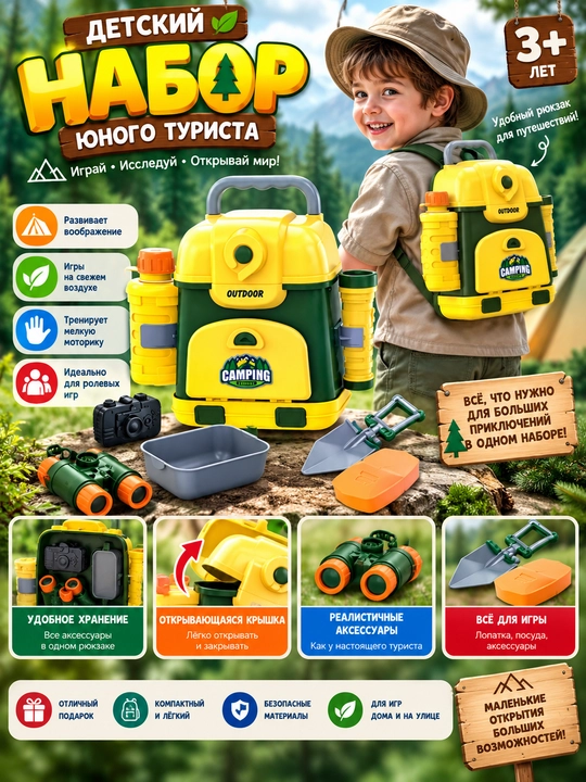 Bolalar uchun Camping yosh sayyoh o‘yin to‘plami, ryukzak va aksessuarlar bilan, 3+ - 