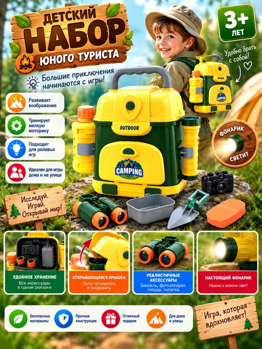 Bolalar uchun Camping yosh sayyoh o‘yin to‘plami, ryukzak va aksessuarlar bilan, 3+