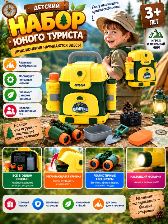 Bolalar uchun Camping yosh sayyoh o‘yin to‘plami, ryukzak va aksessuarlar bilan, 3+