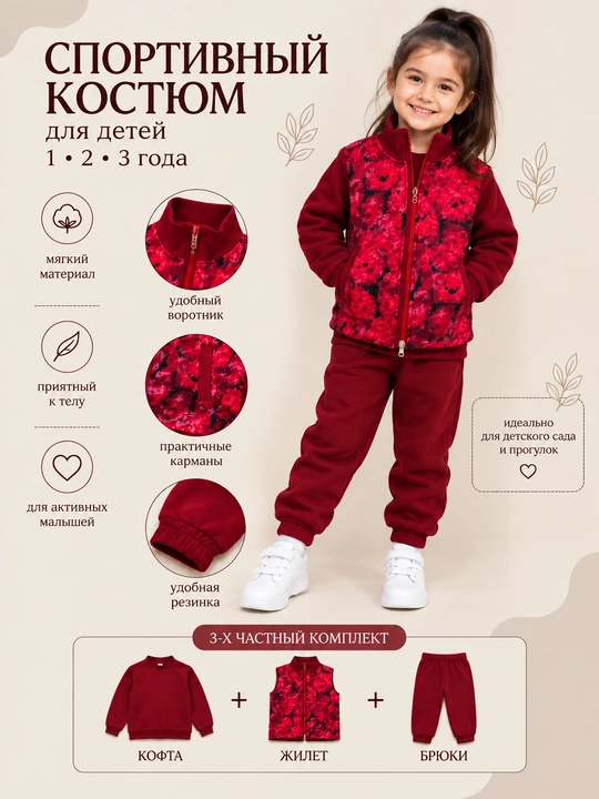 Детский костюм, спортивный костюм для девочки, 1-3 года, жилет, кофта, брюки, бордо, садик