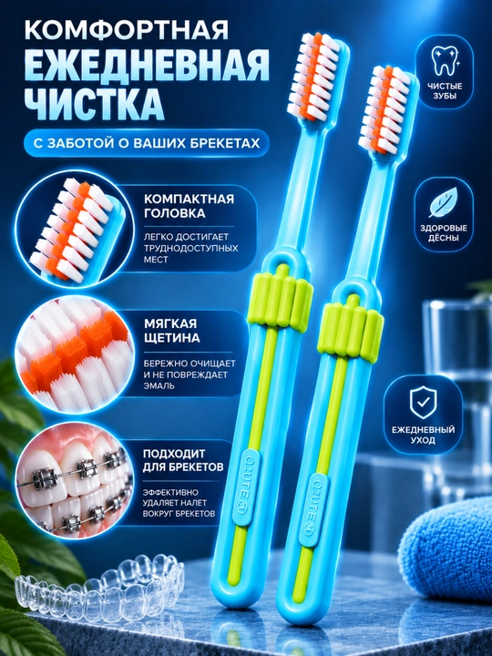 Зубная щётка для брекетов, ортодонтическая щётка, 2 шт, чистка брекетов, для брекет-систем