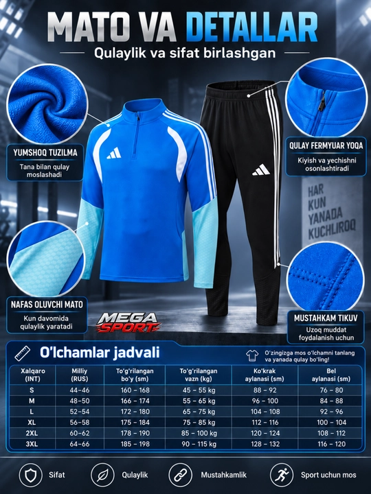 Adidas erkaklar sport kiyimi dvoyka, ikki qismli komplekt, futbol va mashg‘ulot uchun