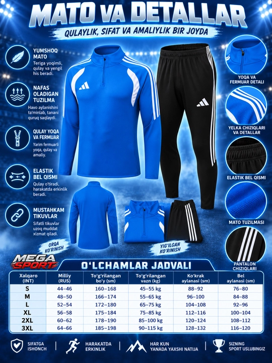 Adidas erkaklar sport kiyimi dvoyka, ikki qismli komplekt, futbol va mashg‘ulot uchun