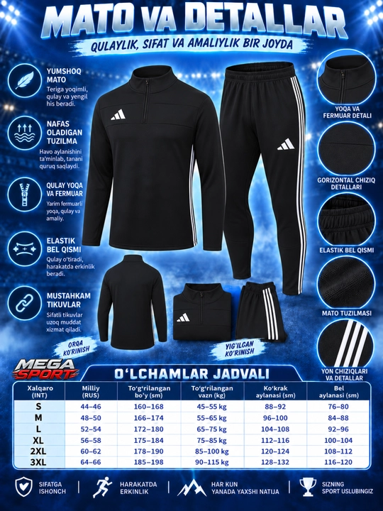 Adidas erkaklar sport kiyimi dvoyka, ikki qismli komplekt, futbol va mashg‘ulot uchun