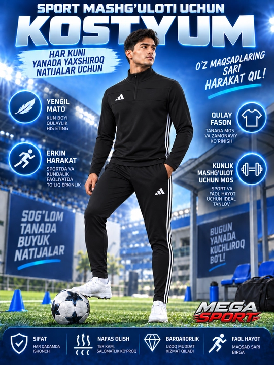 Adidas erkaklar sport kiyimi dvoyka, ikki qismli komplekt, futbol va mashg‘ulot uchun