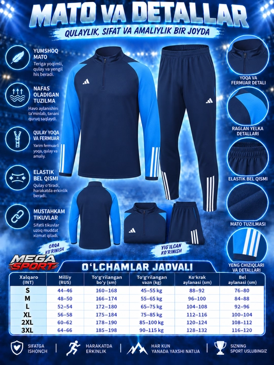 Adidas erkaklar sport kiyimi dvoyka, ikki qismli komplekt, futbol va mashg‘ulot uchun
