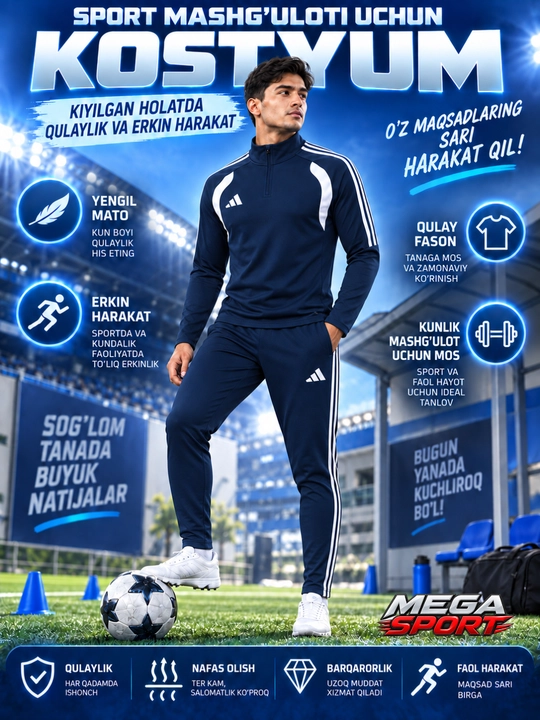 Adidas erkaklar sport kiyimi dvoyka, ikki qismli komplekt, futbol va mashg‘ulot uchun