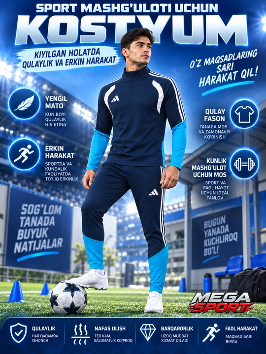 Adidas erkaklar sport kiyimi dvoyka, ikki qismli komplekt, futbol va mashg‘ulot uchun