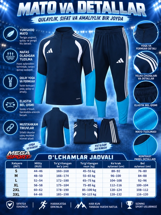 Adidas erkaklar sport kiyimi dvoyka, ikki qismli komplekt, futbol va mashg‘ulot uchun