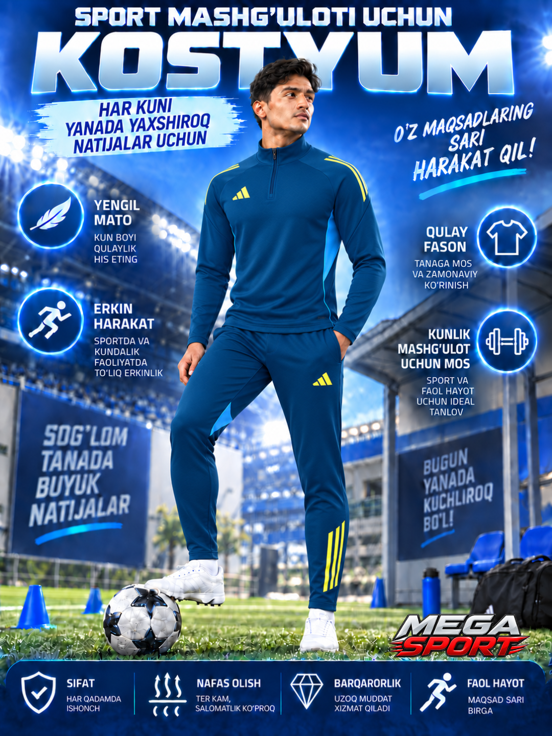 Adidas erkaklar sport kiyimi dvoyka, ikki qismli komplekt, futbol va mashg‘ulot uchun