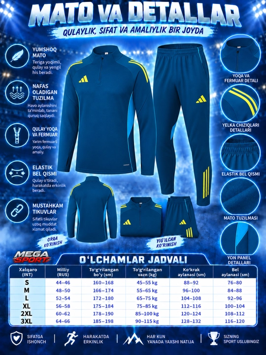 Adidas erkaklar sport kiyimi dvoyka, ikki qismli komplekt, futbol va mashg‘ulot uchun