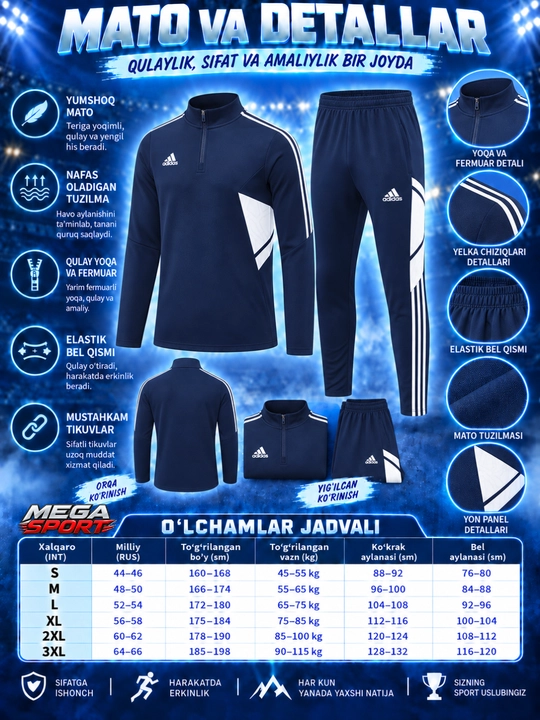 Adidas erkaklar sport kiyimi dvoyka, ikki qismli komplekt, futbol va mashg‘ulot uchun