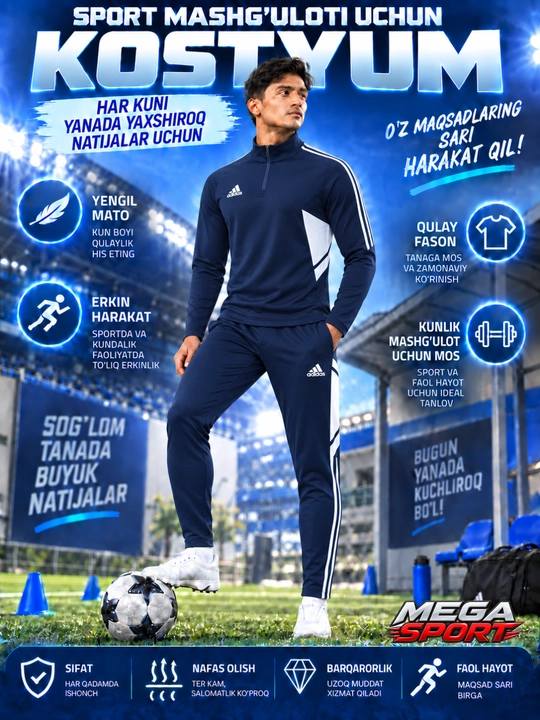 Adidas erkaklar sport kiyimi dvoyka, ikki qismli komplekt, futbol va mashg‘ulot uchun