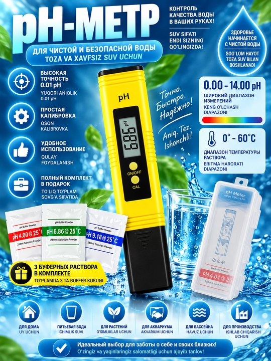 Suv uchun elektron pH-metr, 0–14 pH, aniqlik 0,01, 3 bufer 4.01/6.86/9.18 pH, keys bilan - 
