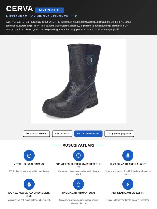 RAVEN XT S3 SRC Rigger maxsus ishchi poyabzali, qora rangli