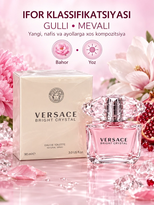 Ayollar uchun Versace Bright Crystal xushboylangan suvi, 90 ml, gul-meva iforli