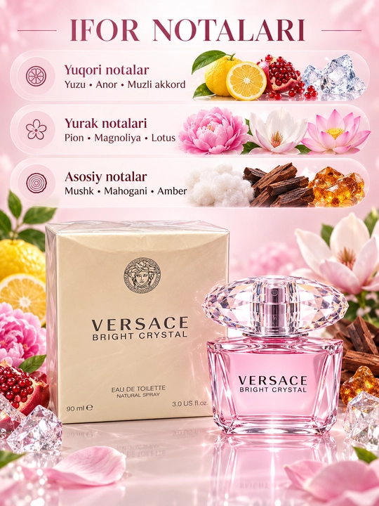 Ayollar uchun Versace Bright Crystal xushboylangan suvi, 90 ml, gul-meva iforli
