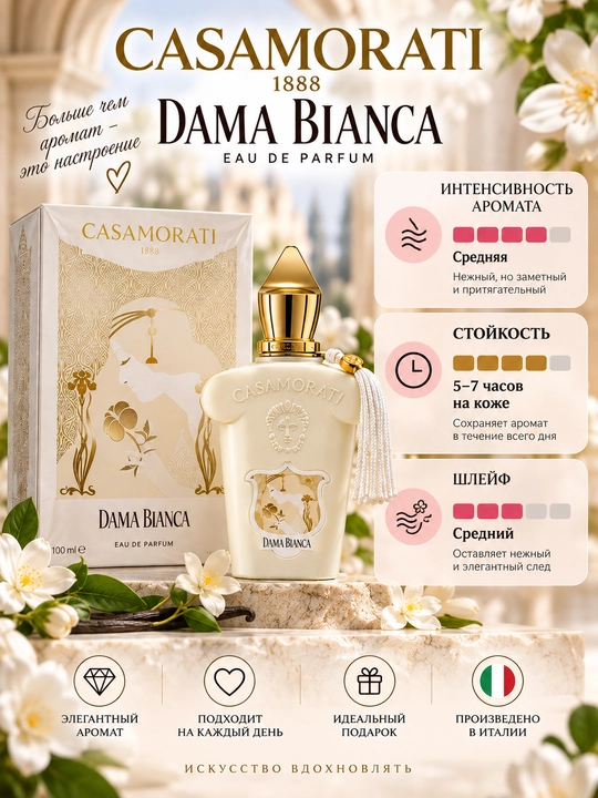 Atir Sovg`a Xerjoff Casamorati 1888 Dama Bianca Eau de Parfum, ayollar uchun parfyumlangan suv, 100 ml