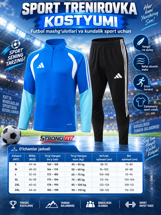 Adidas erkaklar sport kiyimi dvoyka, ikki qismli komplekt, futbol va mashg‘ulot uchun