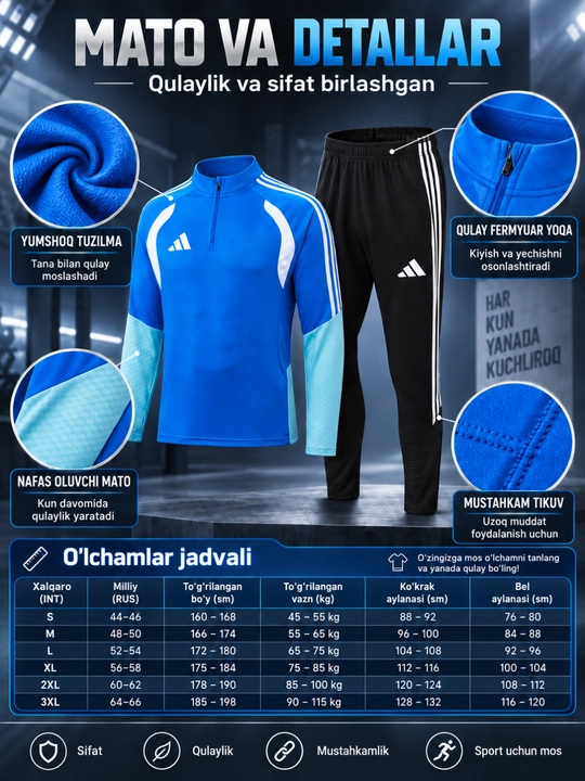 Adidas erkaklar sport kiyimi dvoyka, ikki qismli komplekt, futbol va mashg‘ulot uchun