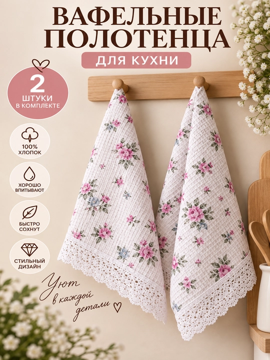 Gul naqshli va to‘rli hoshiyali vafli salfetka, 2 dona 60x40 - 