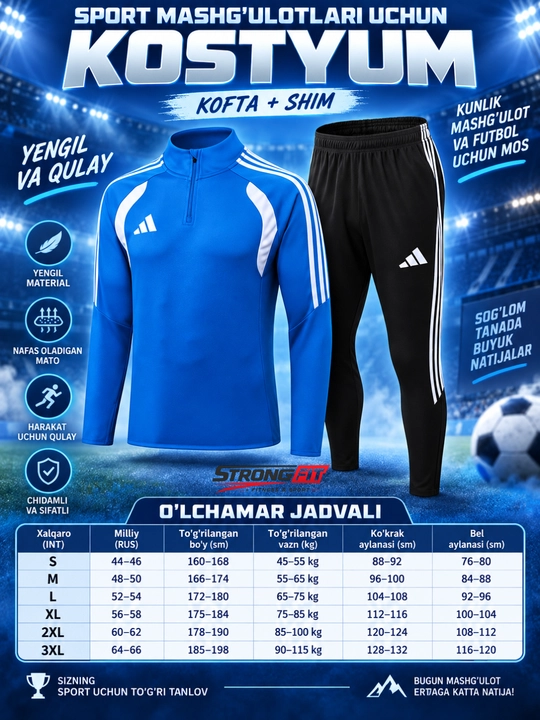 Adidas erkaklar sport kiyimi dvoyka, ikki qismli komplekt, futbol va mashg‘ulot uchun