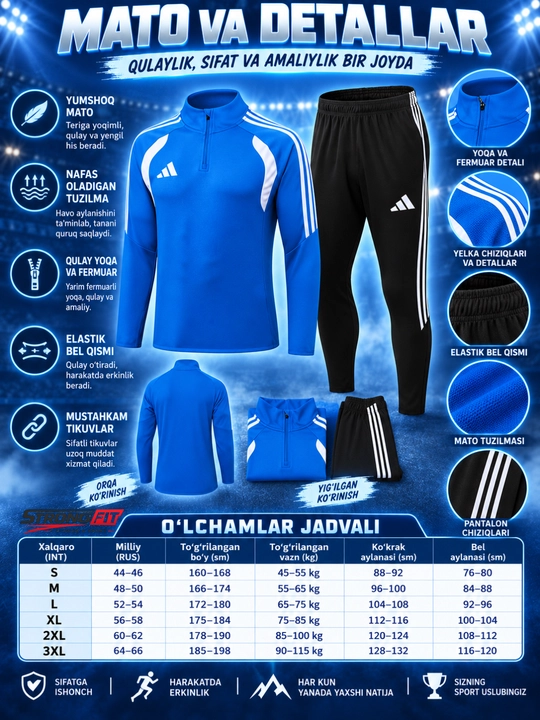 Adidas erkaklar sport kiyimi dvoyka, ikki qismli komplekt, futbol va mashg‘ulot uchun