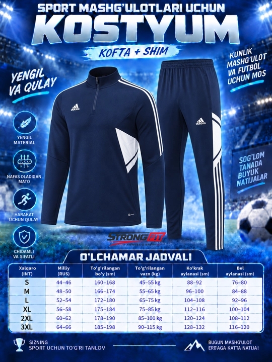 Adidas erkaklar sport kiyimi dvoyka, ikki qismli komplekt, futbol va mashg‘ulot uchun