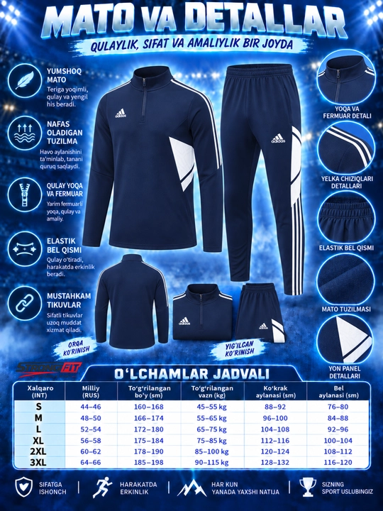 Adidas erkaklar sport kiyimi dvoyka, ikki qismli komplekt, futbol va mashg‘ulot uchun