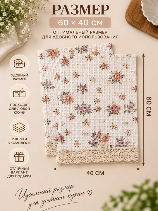 Gul naqshli va to‘rli hoshiyali vafli salfetka, 2 dona 60x40