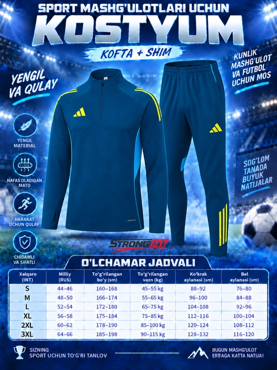 Adidas erkaklar sport kiyimi dvoyka, ikki qismli komplekt, futbol va mashg‘ulot uchun