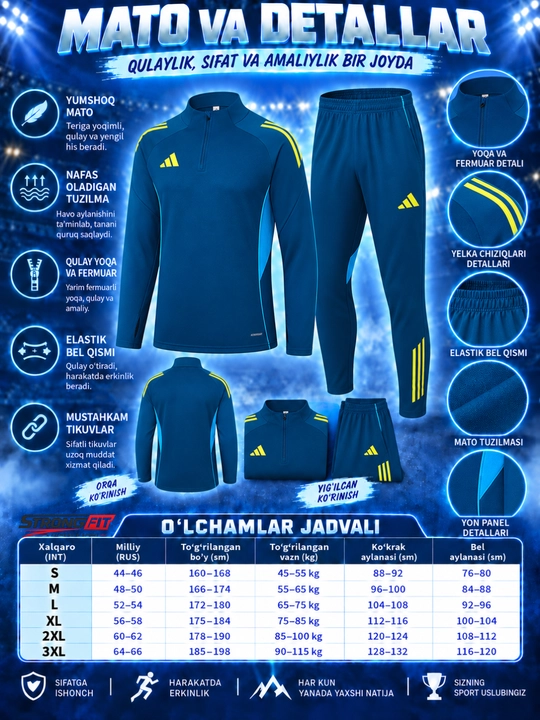 Adidas erkaklar sport kiyimi dvoyka, ikki qismli komplekt, futbol va mashg‘ulot uchun