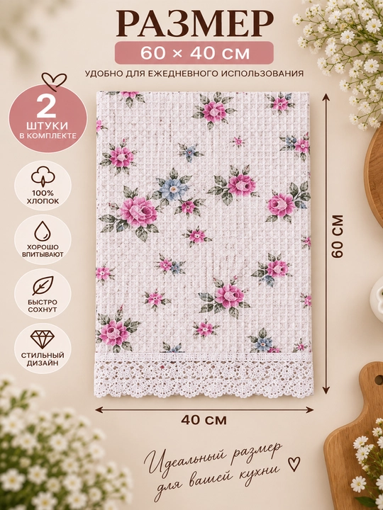 Gul naqshli va to‘rli hoshiyali vafli salfetka, 2 dona 60x40