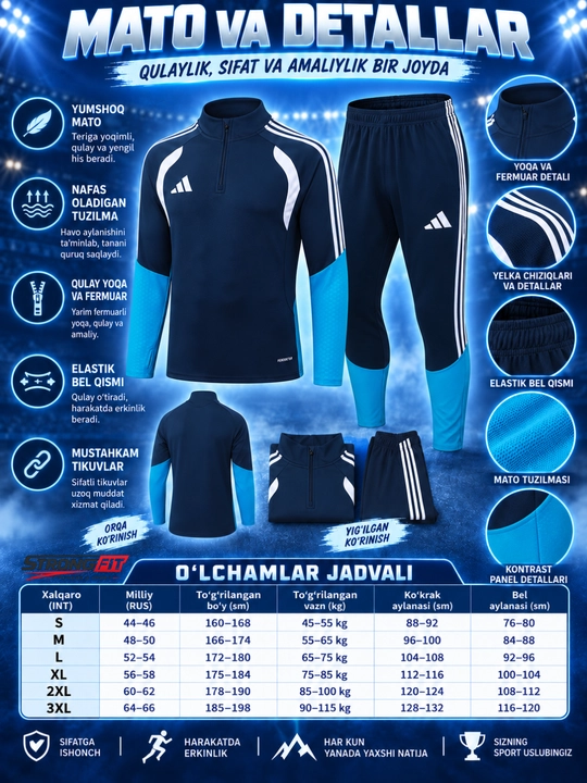 Adidas erkaklar sport kiyimi dvoyka, ikki qismli komplekt, futbol va mashg‘ulot uchun