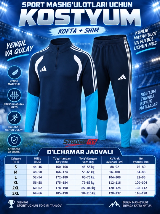 Adidas erkaklar sport kiyimi dvoyka, ikki qismli komplekt, futbol va mashg‘ulot uchun