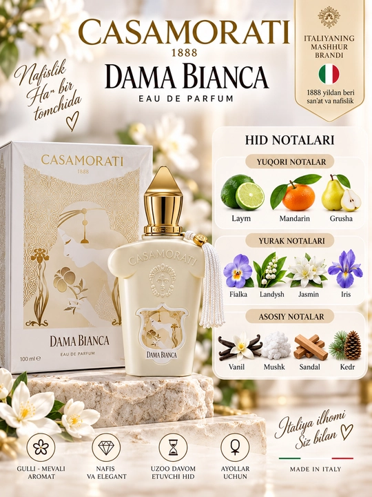 Atir Sovg`a Xerjoff Casamorati 1888 Dama Bianca Eau de Parfum, ayollar uchun parfyumlangan suv, 100 ml