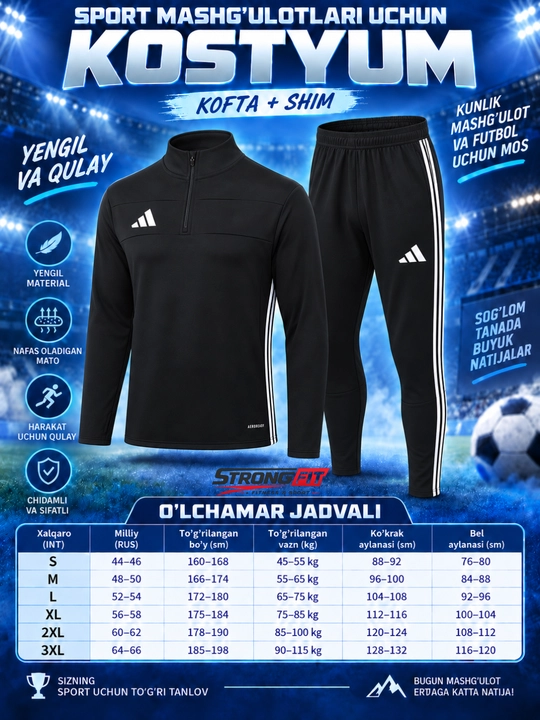 Adidas erkaklar sport kiyimi dvoyka, ikki qismli komplekt, futbol va mashg‘ulot uchun