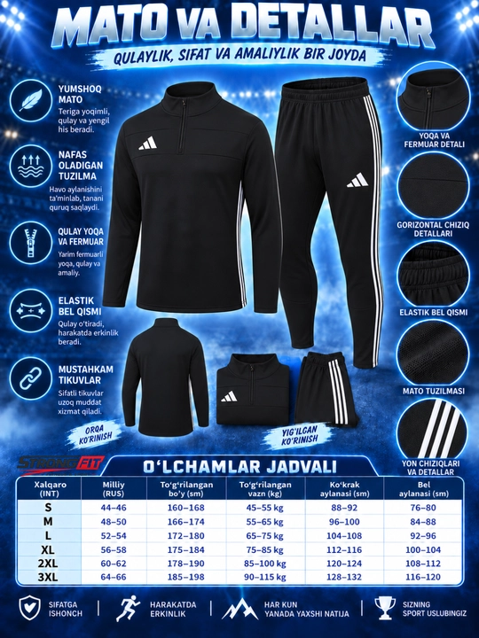 Adidas erkaklar sport kiyimi dvoyka, ikki qismli komplekt, futbol va mashg‘ulot uchun