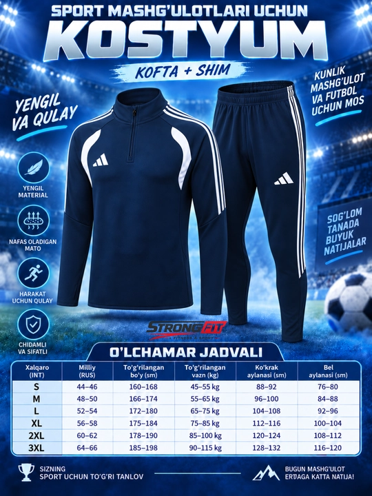 Adidas erkaklar sport kiyimi dvoyka, ikki qismli komplekt, futbol va mashg‘ulot uchun