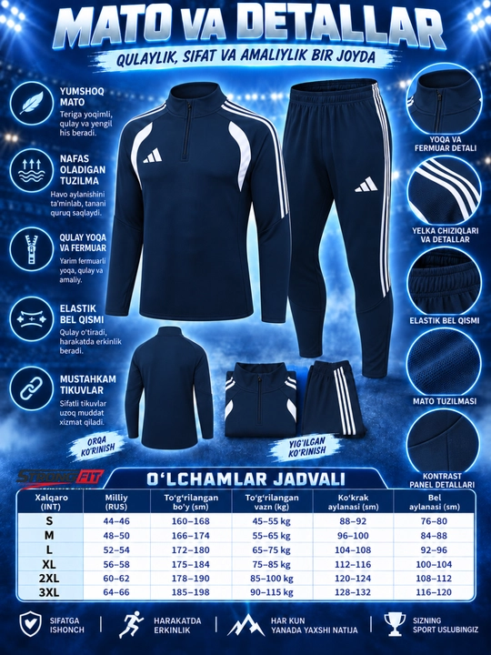 Adidas erkaklar sport kiyimi dvoyka, ikki qismli komplekt, futbol va mashg‘ulot uchun