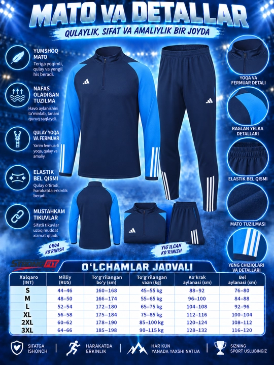 Adidas erkaklar sport kiyimi dvoyka, ikki qismli komplekt, futbol va mashg‘ulot uchun