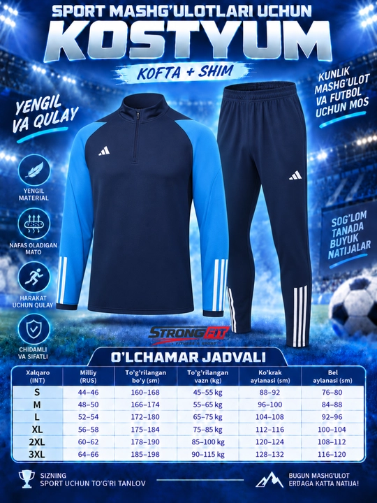 Adidas erkaklar sport kiyimi dvoyka, ikki qismli komplekt, futbol va mashg‘ulot uchun